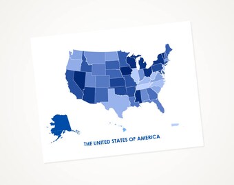 Juanitas US Art Map Print.  Color Options and Size Options Available.  Map of The United States of America.