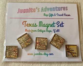 Texas Map Magnets.  Made from Antique Maps for your Kitchen, or your Office.  Perfect Hostess Gift for your favorite Texas Fan.