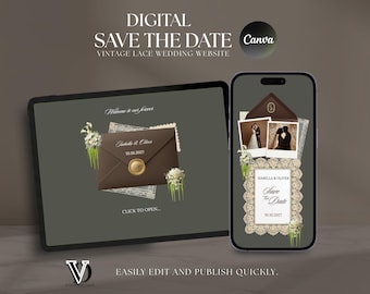 Sjabloon vintage kant-save-the-date trouwwebsite bruin en ivoor canvas