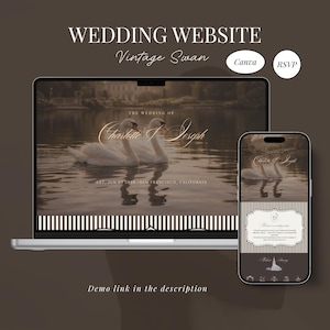 Peut inclure: Un ordinateur portable et un smartphone présentent une conception de site Web de mariage. Le site Web présente un thème de cygne vintage avec une scène de lac sereine et une typographie élégante. Le texte comprend "Wedding Website" et "Vintage Swan".