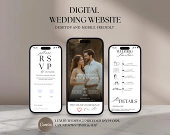Puede incluir: Tres smartphones que muestran un sitio web de bodas digital. El teléfono central muestra una foto de la pareja con detalles de la boda. El teléfono de la izquierda presenta un formulario RSVP, y el de la derecha muestra una línea de tiempo de la boda. El texto incluye "Digital Wedding Website".