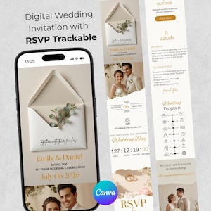 Può includere: Un invito di nozze digitale visualizzato su uno smartphone, con i nomi Emily & Daniel e la data 06 luglio 2026. Il design include una grafica a busta con verde e dettagli RSVP. L'invito è tracciabile.