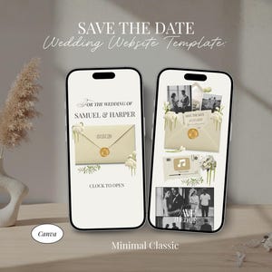 May include: Two smartphones showcasing a wedding website template. The screens display a save-the-date design with an envelope graphic, photos, and the text "SAVE THE DATE." The design is minimalist and classic, with the names Samuel & Harper.