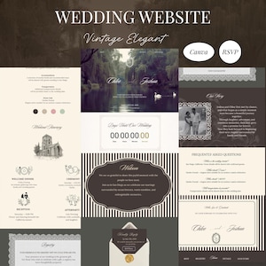 May include: A vintage-style wedding website design with the text "WEDDING WEBSITE" and "Vintage Elegant." The design includes a countdown timer, RSVP and Canva buttons, and sections for the wedding details. The color palette is neutral with a touch of sepia.
