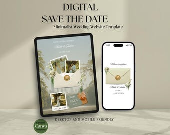 Plantilla minimalista para sitio web de bodas / Canva Save the Date (Descarga digital)