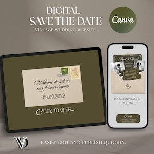 Peut inclure: Maquette numérique d'un faire-part de mariage sur tablette et smartphone. La tablette affiche un design d'enveloppe avec le texte "Welcome to where our forever begins 09.09.2029". Le smartphone affiche une invitation formelle.