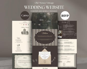 Szablon strony internetowej ślubu w stylu vintage Canva Edytowalne cyfrowe zaproszenie RSVP Elegancki styl starych pieniędzy