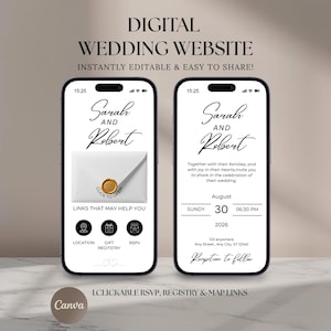 Interaktive Hochzeits-Webeinladung: Klickbare Links zu Antwortausfragen, Register & Karte (Canva Template)