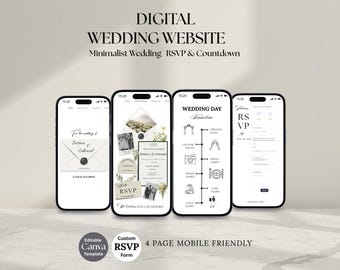 Plantilla minimalista para sitio web de bodas: RSVP y cuenta regresiva editables en Canva (digitales)