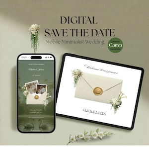 Minimalistische Hochzeitswebsite: Save the Date Canva Template (Digitale Einladung)