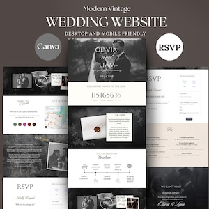 Moderne Hochzeit Website Vorlage | Bearbeitbares Canva Template mit Antwortantworten, Countdown-Timer & Interaktiver Karte