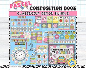 Pastel Composition Notebook Classroom Decor Bundle (Digital Download, Editable PPTX Files)