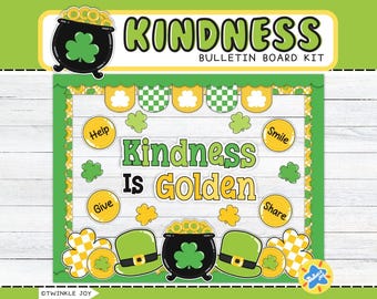 May include: A green and yellow bulletin board kit with the words "Kindness is Golden" and a pot of gold with shamrocks. The kit includes cutouts of shamrocks, leprechaun hats, and gold coins.