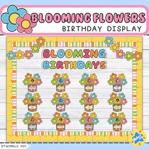 Könnte beinhalten: Ein farbenfrohes Klassenzimmer-Bulletin Board mit dem Titel "Blooming Flowers Birthday Display". Das Board ist mit Blumen dekoriert und hat einen Bereich für jeden Schülergeburtstag mit einem Bilderrahmen und einem Blumentopf.