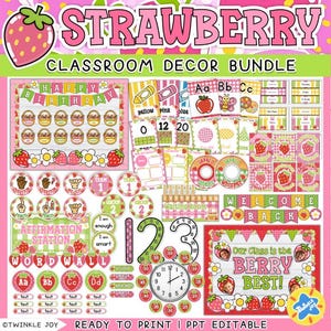 May include: A strawberry-themed classroom decor bundle featuring a "Happy Birthday" banner, affirmation station, word wall, numbers, a clock, and other decorative elements. The design uses a pink, green, and red colour scheme.