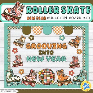 Groovy Retro Roller Skate New Year Bulletin Board Kit | January Bulletin Board Kit | Door decor | Name tags