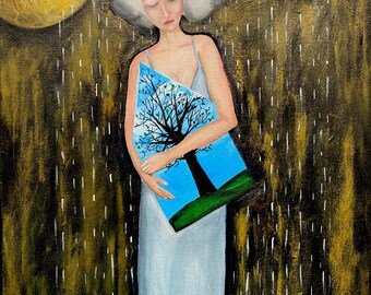 ドリームキーパー – 雲と木を持つ女性を描いたシュールでエモーショナルなアートプリント