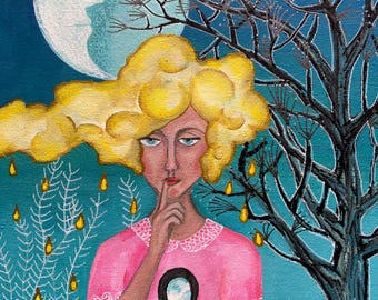 Whimsical Woman Portrait Giclée Print: Surrealist Folk Art Wall Decor