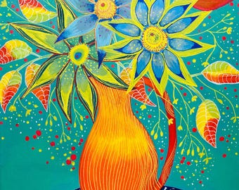 Abstracte bloemenkunstdruk: levendig kleurrijk bloemboeket