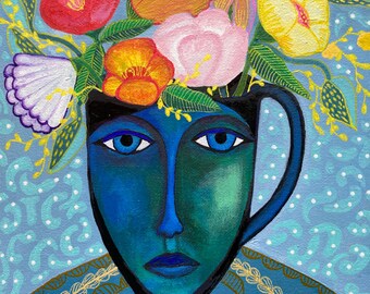 Gicleeprint bloemenstilleven: abstracte bloemen in vaas, boho woondecoratie
