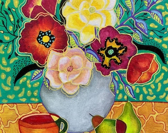 Gicleebloemenprint: levendige abstracte bloemen in vaas - Boho Home Decor