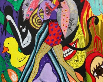 ツー・トゥ・タンゴ シュールなジクレー版画、カラフルなジョッカー抽象画