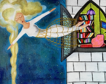 Impresión giclée de un hada amante de los libros: Ilustración de fantasía caprichosa