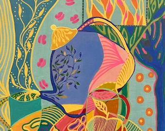 花瓶の花の絵、抽象的な花の絵 - 花の絵、キャンバスに描かれたピンク