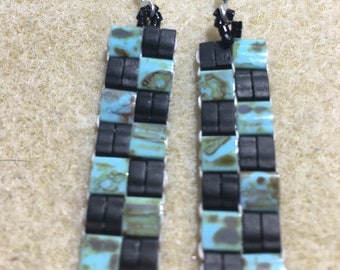 Tile,Tila Boho Bar, Drop/Dangle, Seed Bead Earrings, Turquoise, Black and Silver-Free Shipping