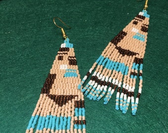 Caramel Bronze Aqua Geometric Boho Southwestern Style Seed Bead Fringe Earrings