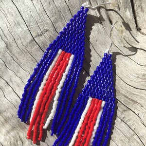 Red, White and Blue Geometric Boho Style Seed Bead Fringe Earrings