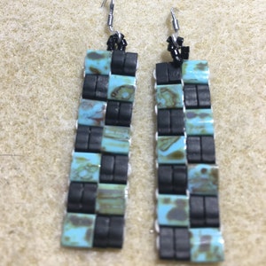 Handmade Turquoise & Black Tile Seed Bead Dangle Earrings