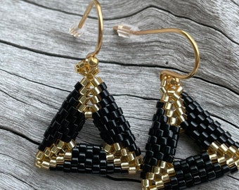 Seed Bead Boho Handmade Beaded   Earrings Triangle Woven Black and Gold