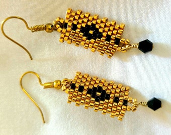 Seed Bead Boho Woven Beaded Earrings Gold Bar With Black Crystal Free Shipping