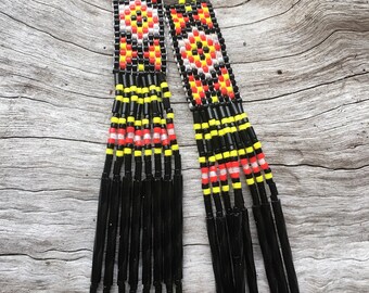 Black Red Yellow Seed Bead Boho Native American Style  Beaded  Fringe  Shoulder Duster  Earrings-