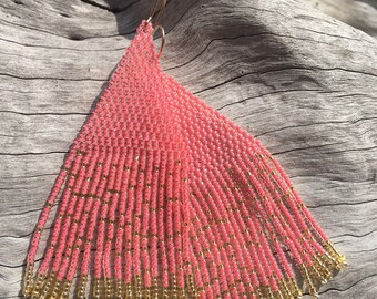 Beaded  Fringe Earrings Coral and Gold