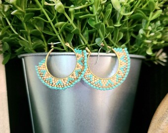 Beaded Sterling Hoop Seed Bead, Boho Handmade Geometric Beadwork Earrings Free Shipping