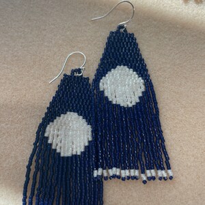 Handmade BoHo Moon Goddess Inspired Fractal Beaded Fringe Earrings-Navy Blue and White Free Shipping image 2