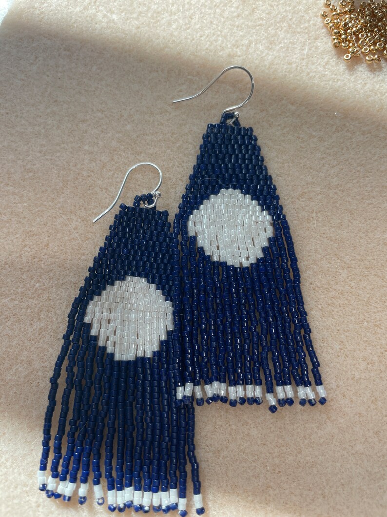 Handmade BoHo Moon Goddess Inspired Fractal Beaded Fringe Earrings-Navy Blue and White Free Shipping image 2