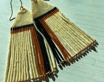 Rich Cream, Black, Amber Seed Bead Boho Native American Style Fractal Beaded  Fringe  Shoulder Duster  Earrings-