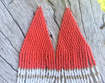 Seed Bead Boho Handmade Beaded  Fringe Earrings Summer Beach Native American Inspired Cherry Red