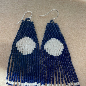 Handmade BoHo Moon Goddess Inspired Fractal Beaded Fringe Earrings-Navy Blue and White Free Shipping image 3