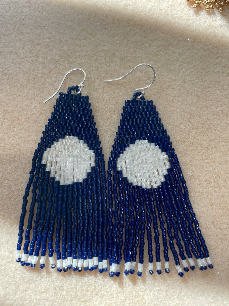 Handmade BoHo Moon Goddess Inspired Fractal Beaded Fringe Earrings-Navy Blue and White Free Shipping image 3