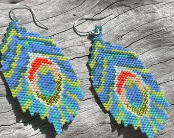 Seed Bead, Boho Handmade,Peacock Feather Inspired, Fractal,  Woven Beaded,  Geometric Earrings, Free Shipping