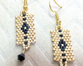 Seed Bead, Boho Handmade, Native American Inspired, Fractal, Beaded, Geometric Earrings, Gold Black