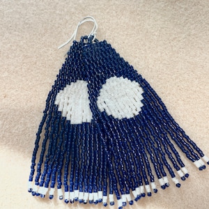 Handmade BoHo Moon Goddess Inspired Fractal Beaded Fringe Earrings-Navy Blue and White Free Shipping image 1