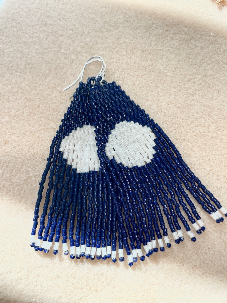 Handmade BoHo Moon Goddess Inspired Fractal Beaded Fringe Earrings-Navy Blue and White Free Shipping image 1