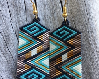 Seed Bead, Geometric Native American Style, Fractal,  Beaded, Earrings, Copper, Black, and Turquoise