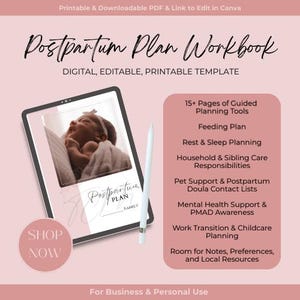 Editable Postpartum Plan Workbook | New Mom Planner | Digital Download | Printable Postpartum Prep| Doula Client Resource| Baby Planning PDF
