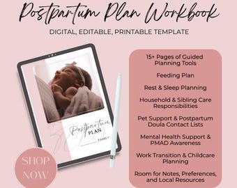 Postpartum Plan Workbook: New Mom Planner & Doula Client Resource (Digital Download, Printable PDF, Editable in Canva)
